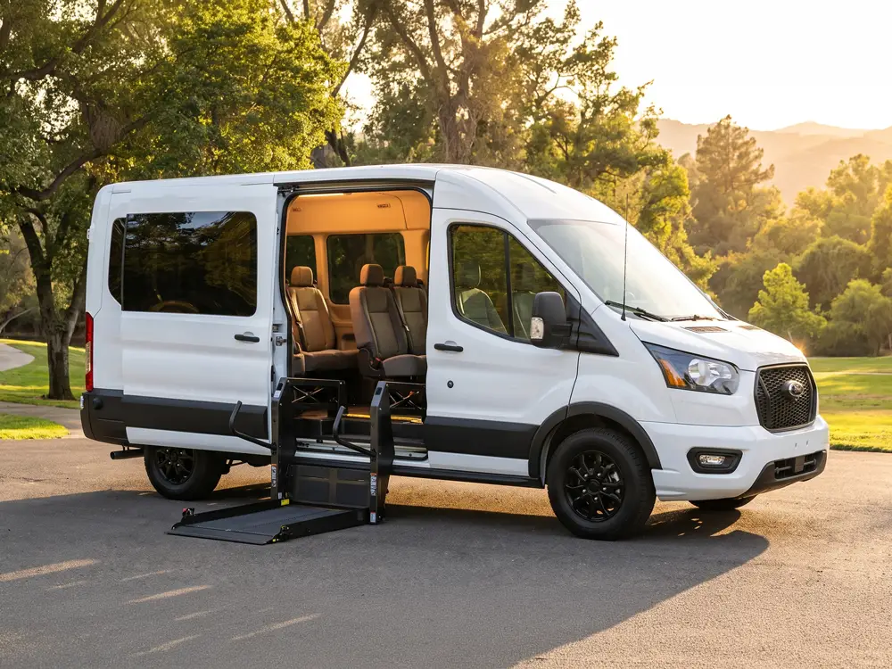 Ford Transit rear entry wheelchair van with the doors open and the braunability lift deployed